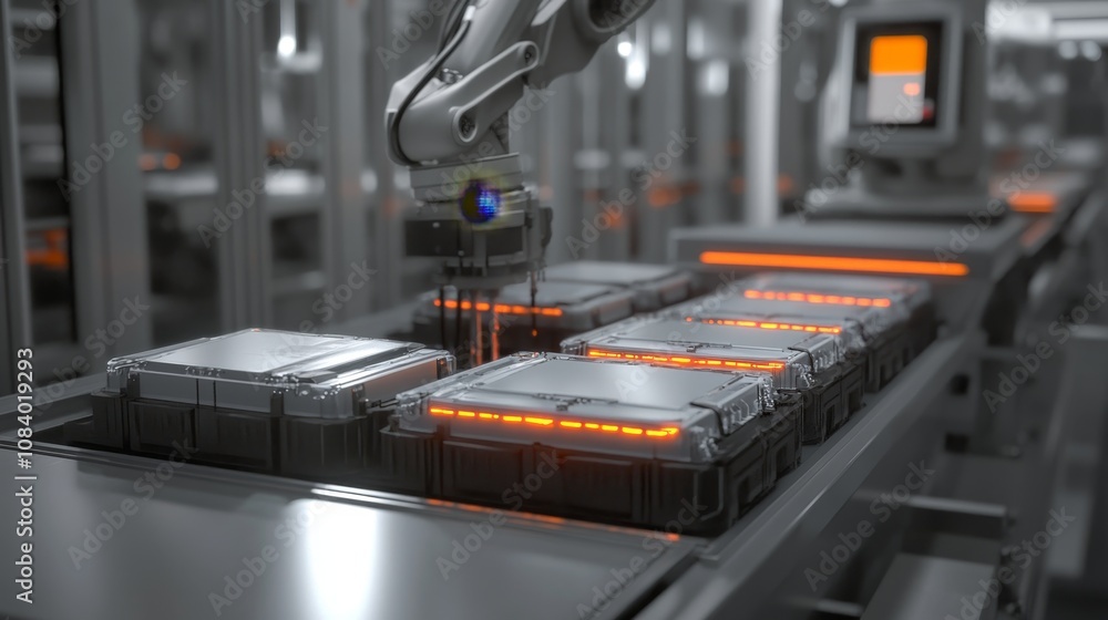 Poster automated assembly line manufacturing facility industrial process high-tech environment close-up vie