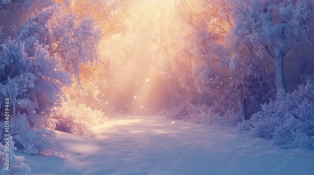 Aufkleber enchanting winter landscape with snow-covered trees and gentle sunlight streaming through frosty bra