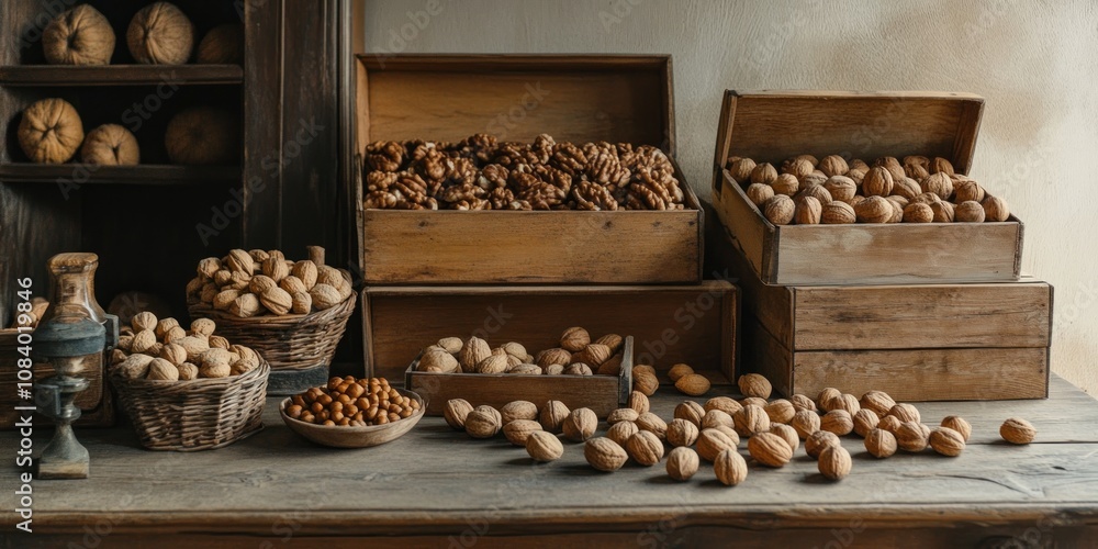 Poster a rustic display of various nuts in wooden boxes and baskets on a table.