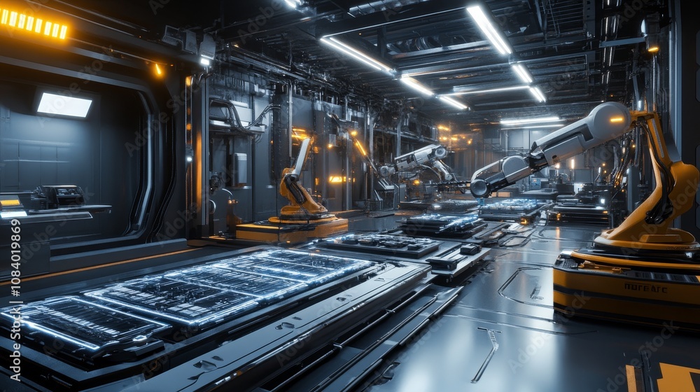 Poster automation event in high-tech factory robotics laboratory digital environment futuristic viewpoint i