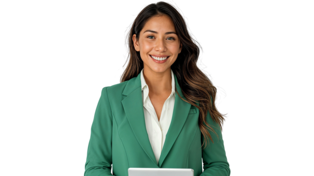 Portrait of a smiling businesswoman in a green suit, isolated on transparent background