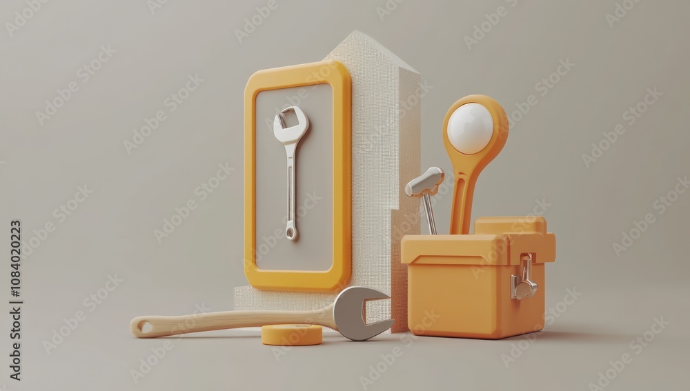 Poster A collection of tools and a toolbox in a minimalist design, emphasizing repair and maintenance.