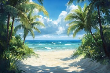 Fototapeta premium Digital Art Palm-Fringed Pathway to the Beach
