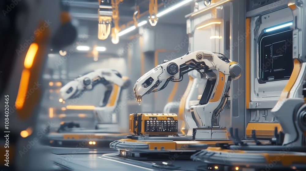 Poster robotic assembly line operations futuristic factory digital art industrial environment close-up view