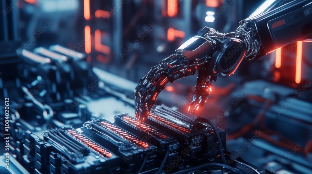 Poster robot arm assembling technology futuristic lab digital art sci-fi environment close-up view automati