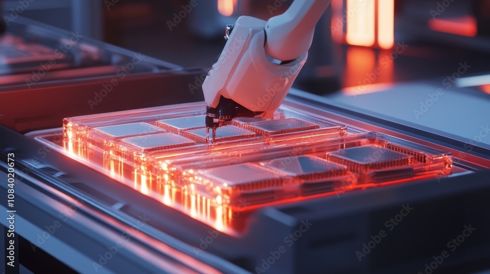Poster automated robotics action high-tech laboratory industrial process futuristic environment close-up vi
