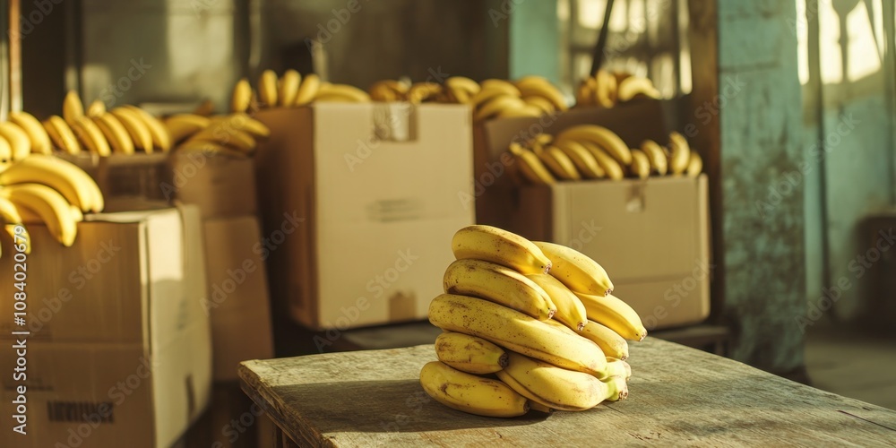 Poster a stack of bananas on a table with boxes of bananas in the background.