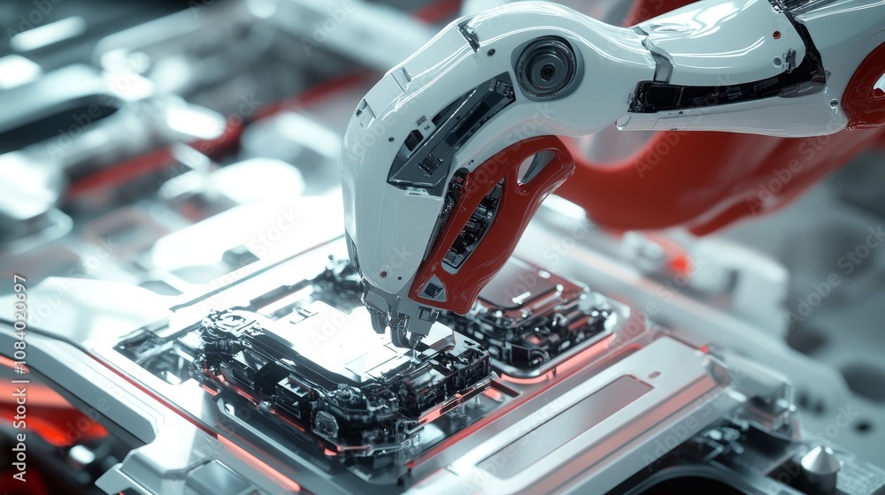 Poster robotic arm assembling circuit board high-tech factory close-up view industrial environment automati