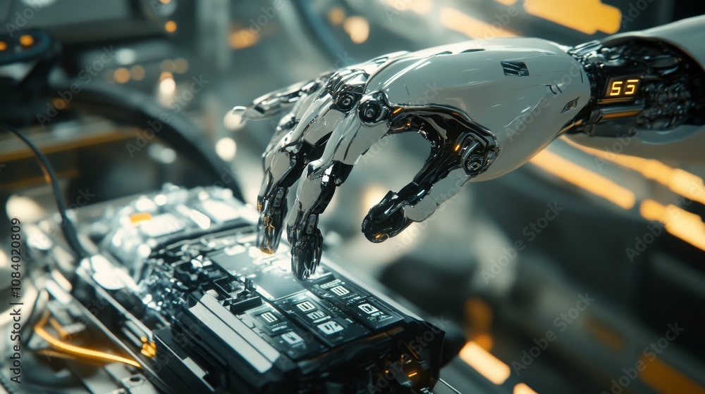 Poster futuristic robot manipulating technology in high-tech lab setting