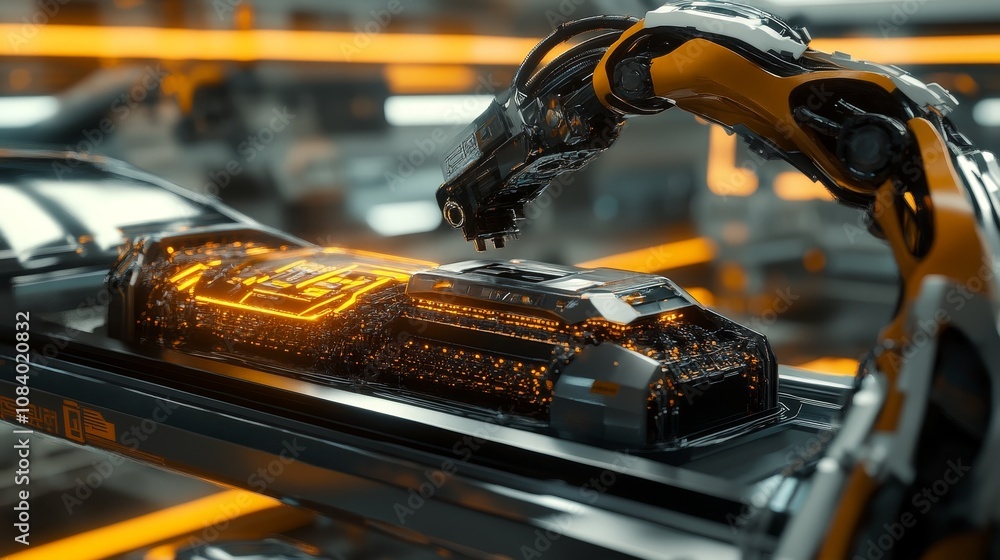 Poster automated assembly process futuristic factory digital art high-tech environment close-up view innova