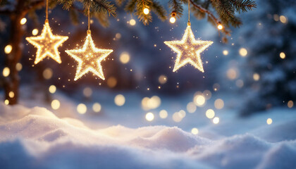 Fototapeta premium A serene winter scene with glowing Christmas stars, snow, and festive lights.