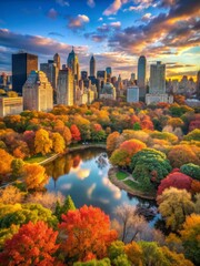 Obraz premium Breathtaking majestic autumn hues of central park new york city, fall trees and calm lake, creating a stunning natural scenery with a tranquil ambiance
