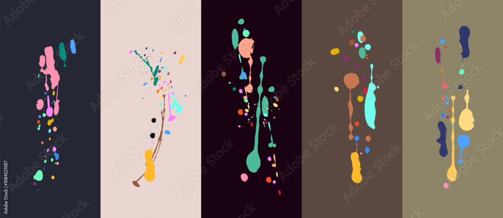 Poster vector paint art splashing, on wall blotches of different colors collection. vector ink splashes col