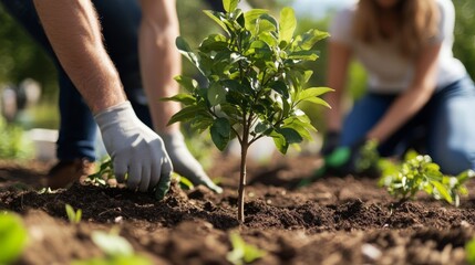Fototapeta premium Planting young trees community garden photography outdoor close-up environmental awareness