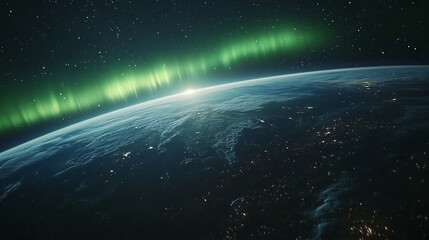 A vibrant scene of Earth from space, northern hemisphere in focus with the aurora borealis faintly visible, stars twinkling in the background, the glow of Earth&rsquo;s atmosphere