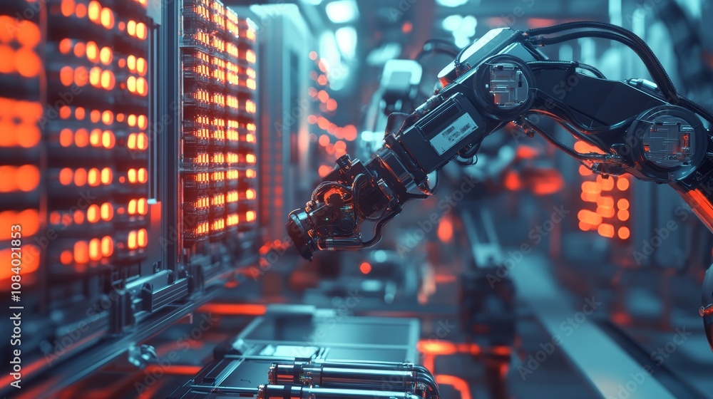 Poster automated robotics action high-tech factory technology image futuristic environment close-up view in