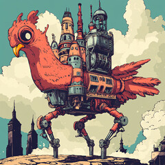 Obraz premium Retro-Futuristic Walking Castle with Mechanical Chicken Legs, Detailed Fantasy Illustration for Steampunk and Adventure Themes