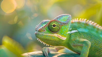 Fototapeta premium A vibrant chameleon perched on a leaf, showcasing its colorful scales in a natural setting.
