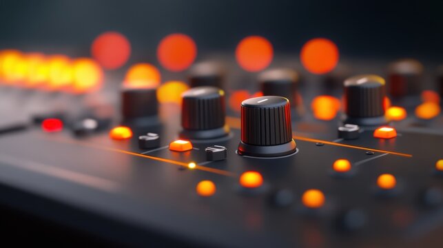 close-up of audio mixing equipment with illuminated controls and knobs