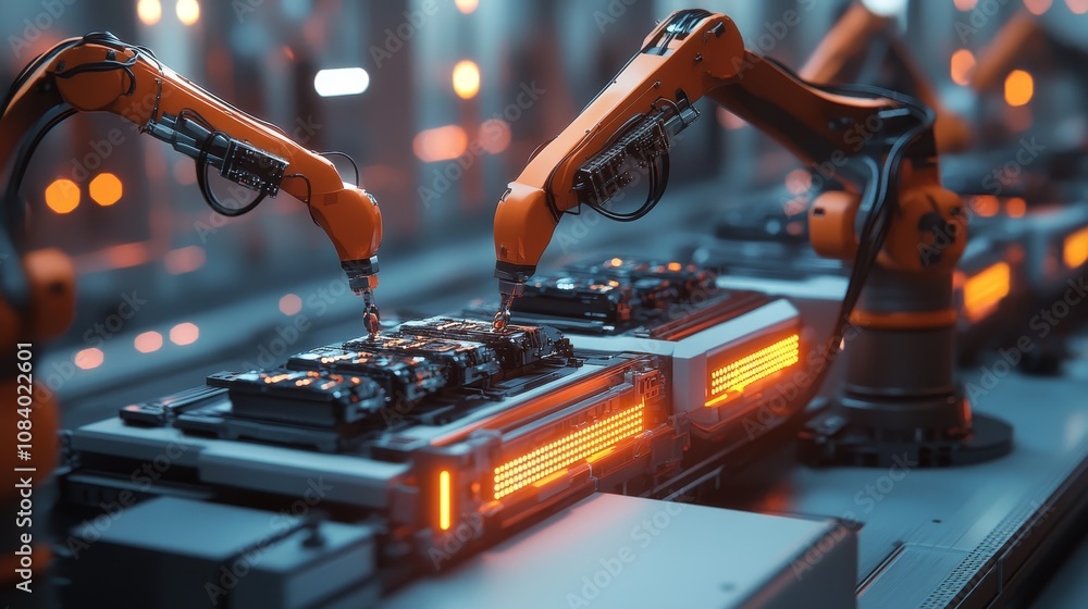 Poster automated assembly line operation industrial facility technology content futuristic environment clos