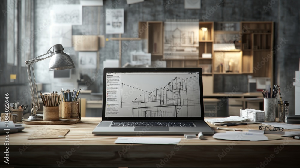Poster designing modern architecture office workspace digital sketching creative environment desktop view i