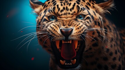 Obraz premium Angry leopard head with blue background.