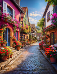 Fototapeta premium Colorful houses line a cobblestone street in a European village