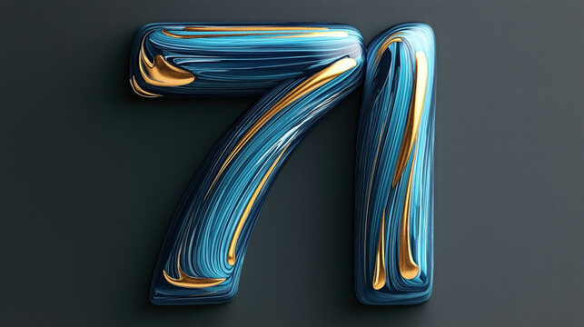 Abstract three-dimensional number 71 with blue and gold swirl patterns on a dark background, showcasing a modern artistic design.
