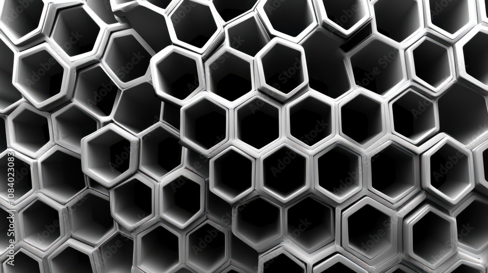 Poster metallic honeycomb pattern in 3d, with reflective and glowing edges, creating depth