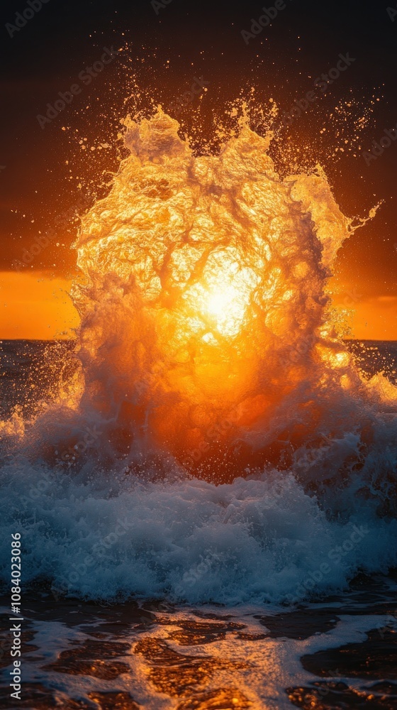 Aufkleber a vibrant sunset behind crashing ocean waves, creating dynamic splashes.