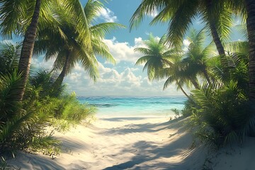 Fototapeta premium Lush Palm Trees Frame Tranquil Beach Path