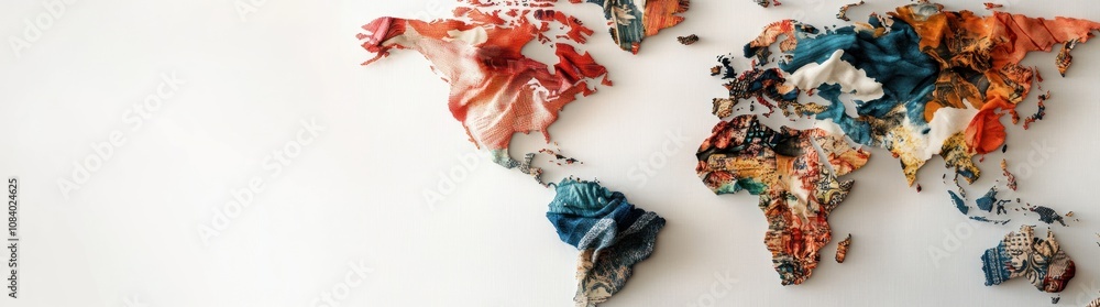 Poster a colorful map of the world made from textured materials, emphasizing global connections.
