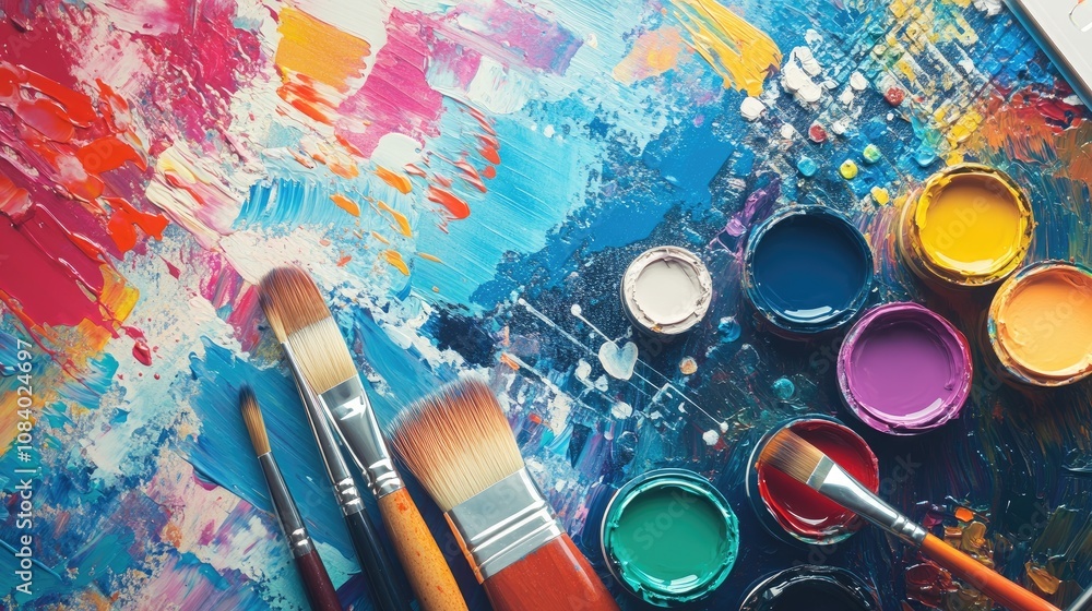Poster here's a possible and keyword list for your stock photo.. colorful paint palette with brushes.