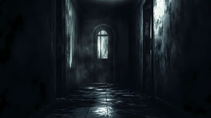 Obraz premium Scary dark walls with a slightly light black concrete cement texture, creating a haunting and ominous background with gritty, unsettling details. Haunting. Illustration