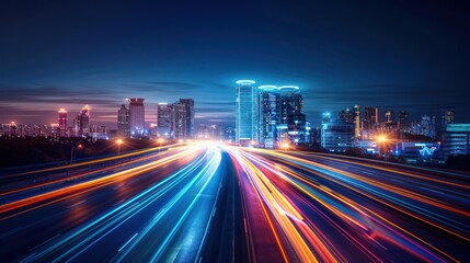 Fototapeta premium Night cityscape with vibrant light trails on highway.