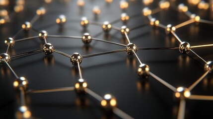Close-up of a metallic network structure with glowing connections, symbolizing connectivity and technology.