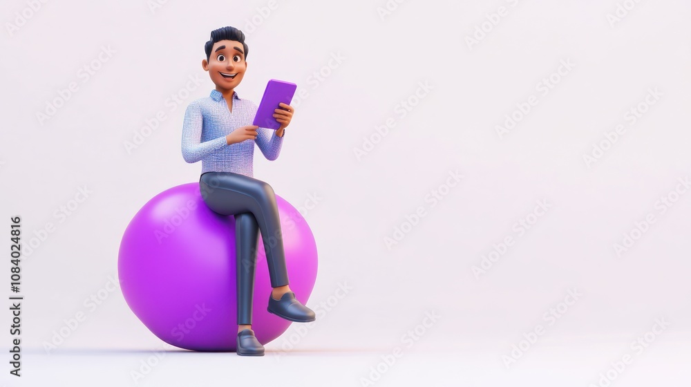 Poster A 3D character sitting on a purple ball, using a tablet with a cheerful expression.