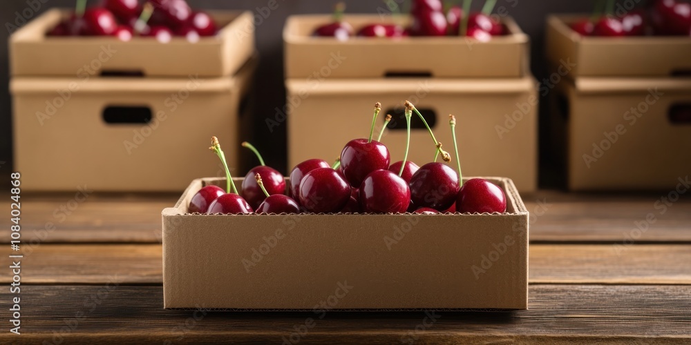 Poster A box of fresh cherries on a wooden surface with more boxes in the background.