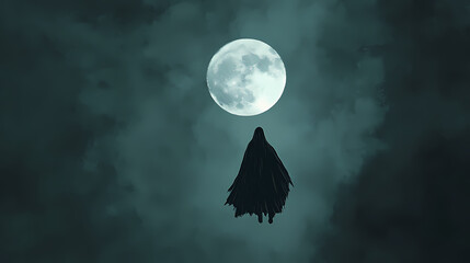 Simple minimalist design of a dark ghostly figure floating against a moonlit sky, symbolizing the haunting presence of halloween. Haunting. Illustration