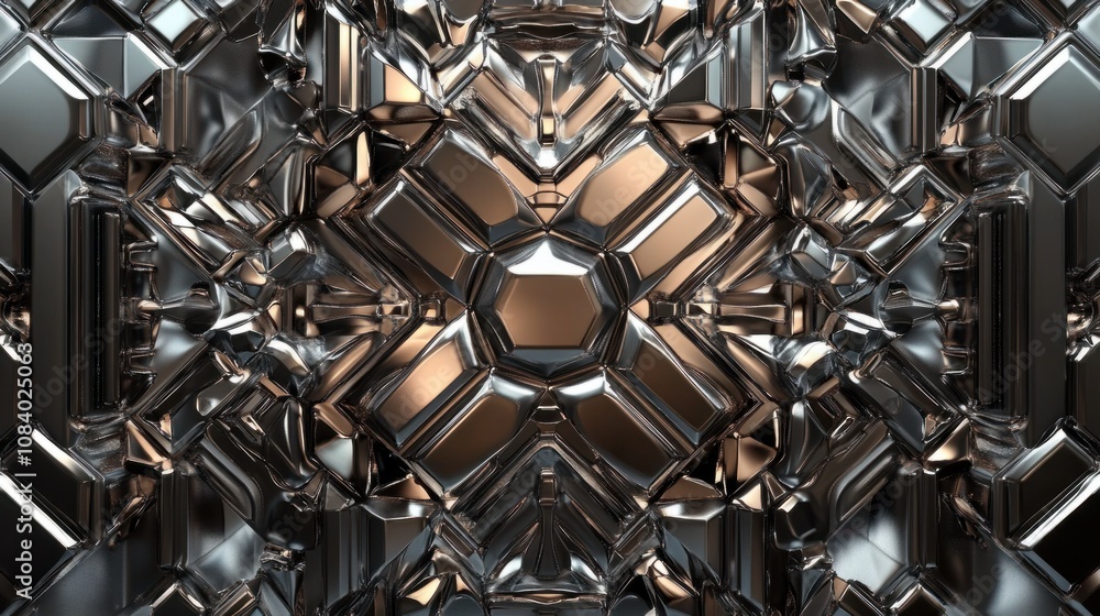 Poster polished metallic surface with intricate geometric patterns in 3d, creating a sleek background