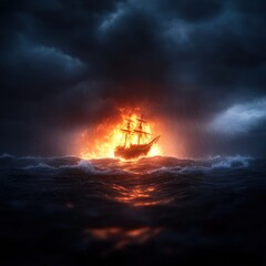 Obraz premium dramatic scene of a burning ship on stormy seas