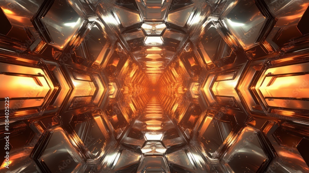 Poster reflective metallic 3d pattern with hexagonal grids and futuristic light effects