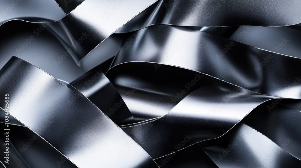Poster reflective metallic ribbons intertwining in a 3d design, creating a modern and dynamic look