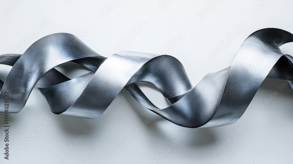 Poster reflective metallic ribbons intertwining in a 3d design, creating a modern and dynamic look