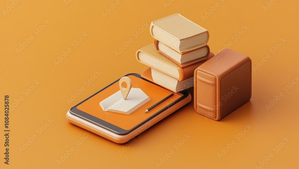 Poster A digital device with books and a location marker, symbolizing learning and navigation.