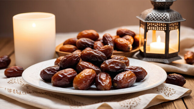 a plate of sweet dates with a beautiful candle decoration