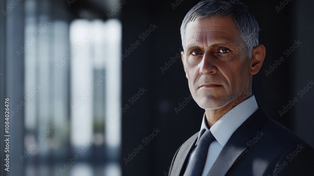 Poster a man in a suit and tie stands in front of a window