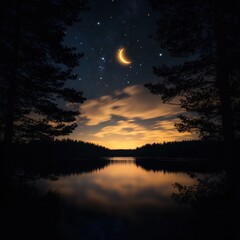 Naklejka premium serene night sky with crescent moon reflecting on calm water