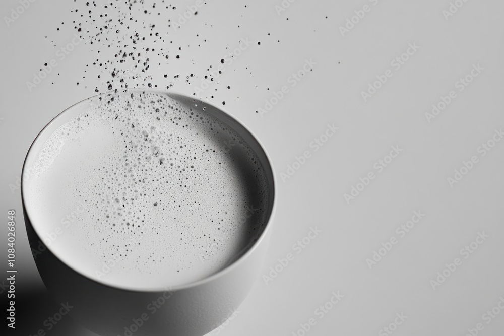 Poster a minimalist bowl with white powder cascading into it, creating a dynamic visual effect.