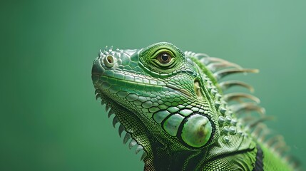 Fototapeta premium A close-up view of a vibrant green iguana showcasing its detailed scales and features against a soft green background.